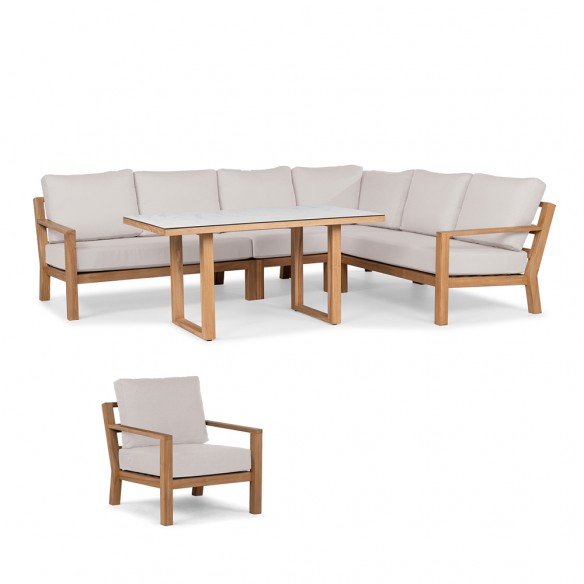 Salon de jardin TIMBER NATURE 7 places teck avec table basse haute plateau céramique Oyster