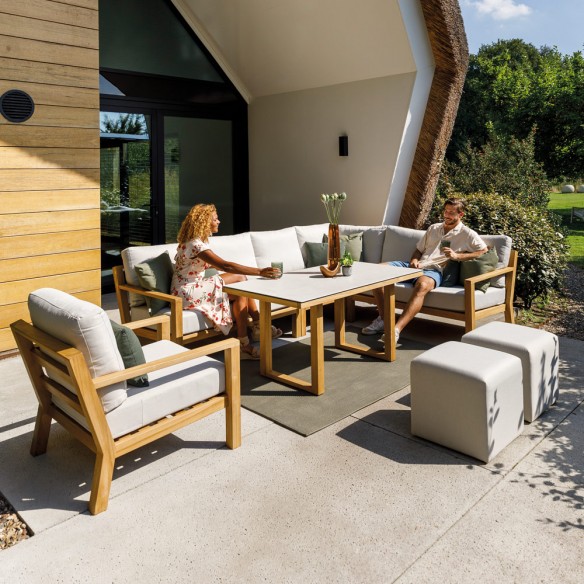 Salon de jardin TIMBER NATURE 7 places teck avec table basse haute plateau céramique Oyster