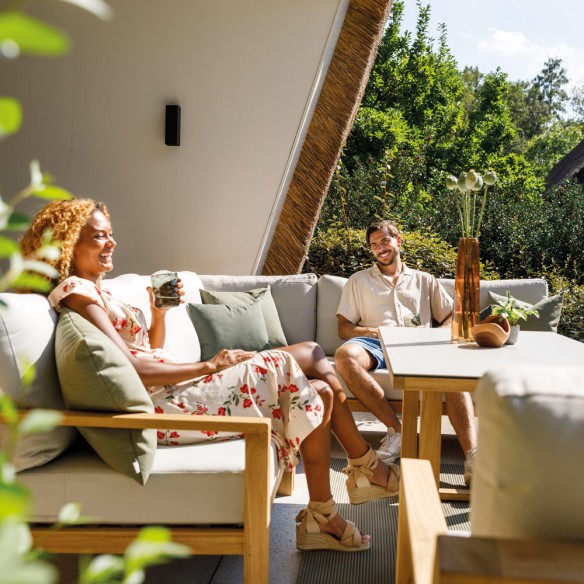 Salon de jardin TIMBER NATURE 7 places teck avec table basse haute plateau céramique Oyster