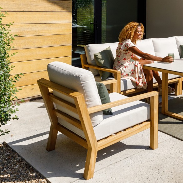 TIMBER NATURE Lounge Set 7 Seater Teak with High Coffee Table and Oyster Ceramic Top