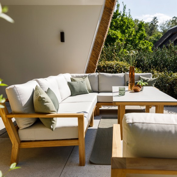 Salon de jardin TIMBER NATURE 7 places teck avec table basse haute plateau céramique Oyster