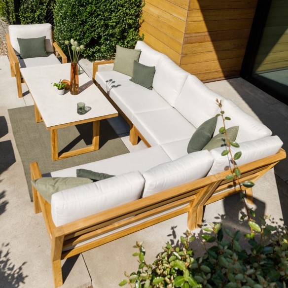 TIMBER NATURE Lounge Set 7 Seater Teak with High Coffee Table and Oyster Ceramic Top