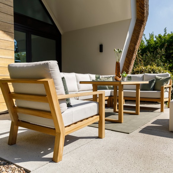 TIMBER NATURE Lounge Set 7 Seater Teak with High Coffee Table and Oyster Ceramic Top