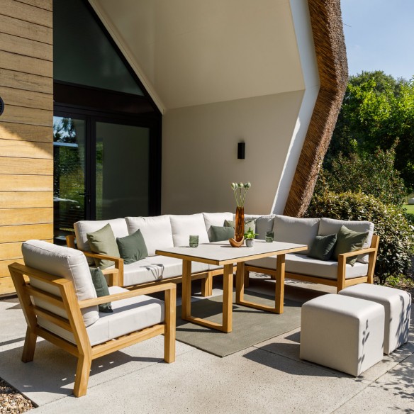 TIMBER NATURE Lounge Set 7 Seater Teak with High Coffee Table and Oyster Ceramic Top