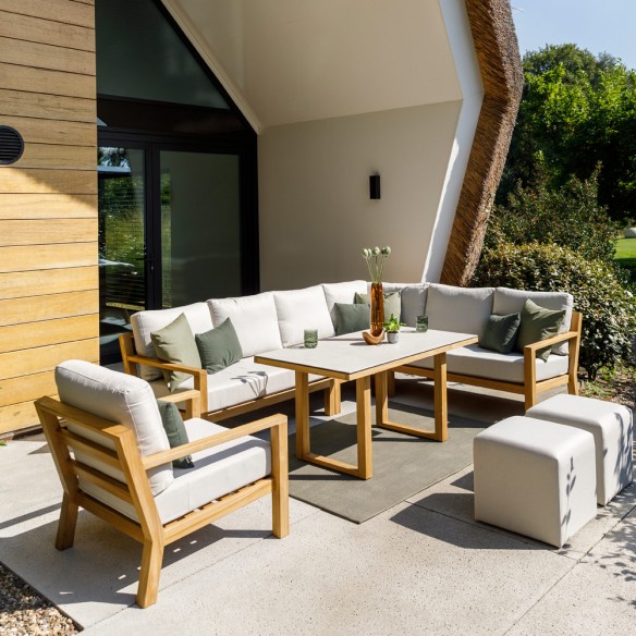TIMBER NATURE Lounge Set 7 Seater Teak with High Coffee Table and Oyster Ceramic Top