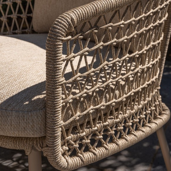 Outdoor Dining Set PETRA Round Table in Teak W240 with 6 PALOMA Taupe Chairs with Cream Beige Cushions