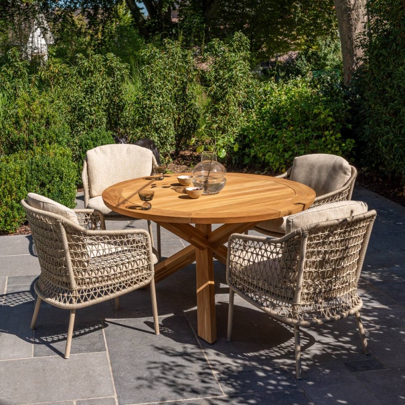 Ensemble Table de jardin ronde PETRA en teck D130 avec 4 chaises PALOMA taupe coussin beige crème