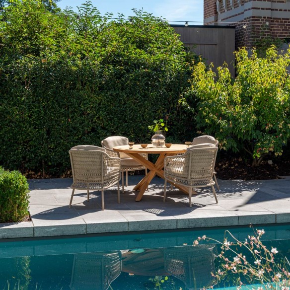 Ensemble Table de jardin ronde PETRA en teck D130 avec 4 chaises PALOMA taupe coussin beige crème