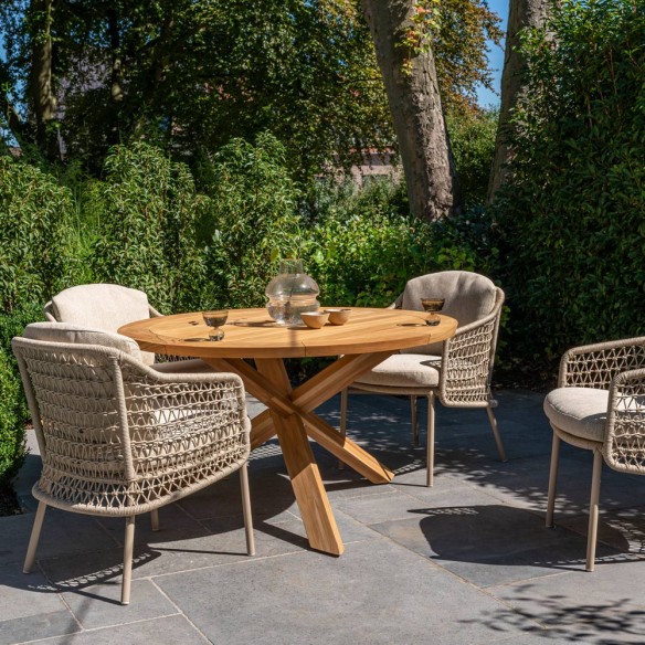 Ensemble Table de jardin ronde PETRA en teck D130 avec 4 chaises PALOMA taupe coussin beige crème
