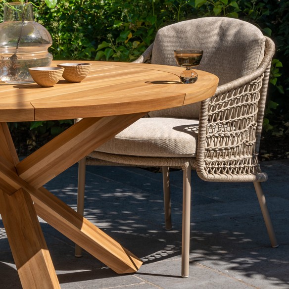 Ensemble Table de jardin ronde PETRA en teck D130 avec 4 chaises PALOMA taupe coussin beige crème