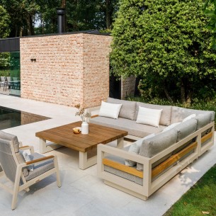 Salon de jardin HIMALAYA 8 places beige aluminium avec table basse en teck 2