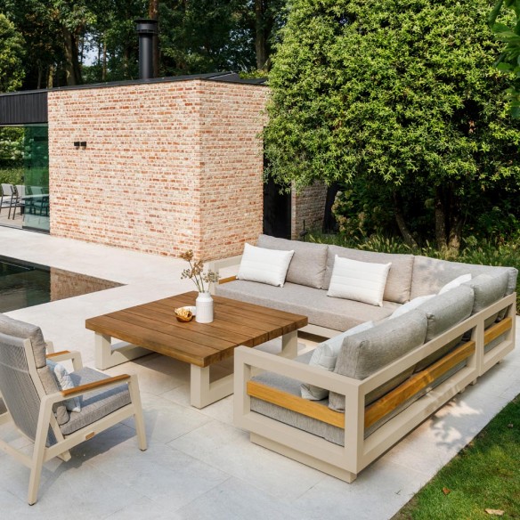 Salon de jardin HIMALAYA 8 places beige aluminium avec table basse en teck