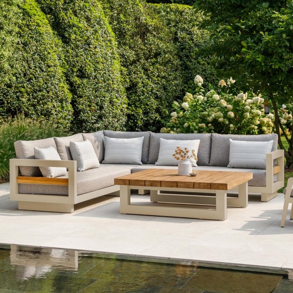 Salon de jardin HIMALAYA 8 places beige aluminium avec table basse en teck