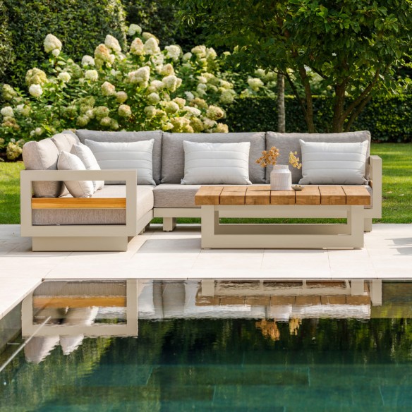 Salon de jardin HIMALAYA 8 places beige aluminium avec table basse en teck