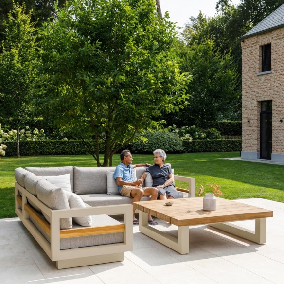 Salon de jardin HIMALAYA 8 places beige aluminium avec table basse en teck