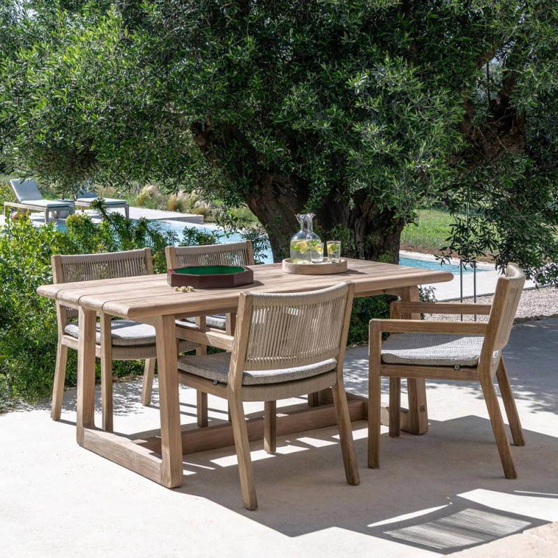 DELMON Outdoor Dining Table Set W180 with 4 MALO Dining Chairs in Reclaimed Teak with Rope Backrest and Seat Cushion