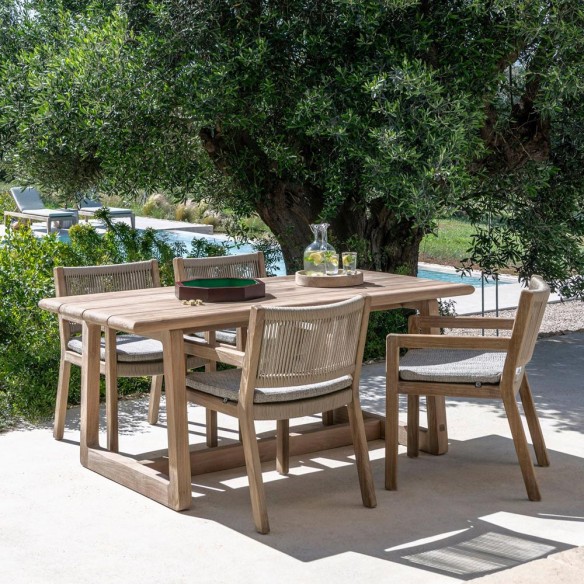 DELMON Outdoor Dining Table Set W180 with 4 MALO Dining Chairs in Reclaimed Teak with Rope Backrest and Seat Cushion