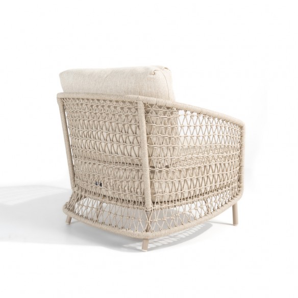 Salon de jardin SERENA 5 places cadre aluminium avec table basse et d’appoint rondes en teck