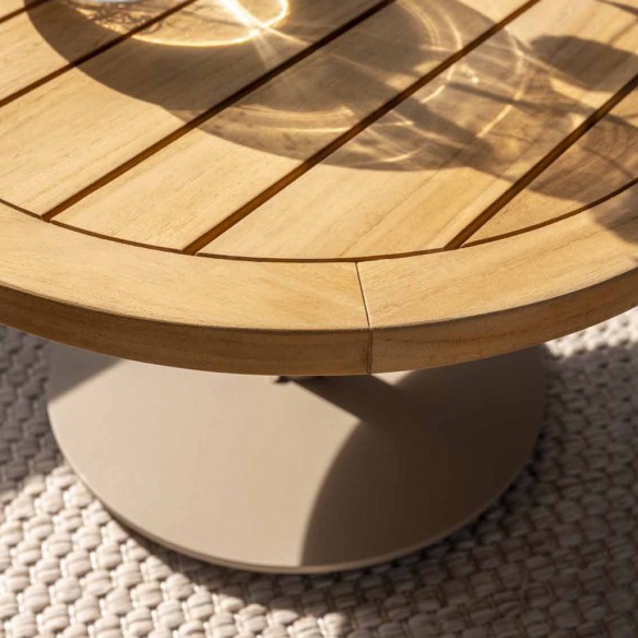 Salon de jardin SERENA 5 places cadre aluminium avec table basse et d’appoint rondes en teck