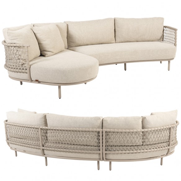 Salon de jardin SERENA 5 places cadre aluminium avec table basse et d’appoint rondes en teck