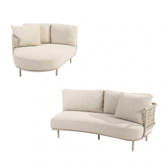 Salon de jardin SERENA 5 places cadre aluminium avec table basse et d’appoint rondes en teck