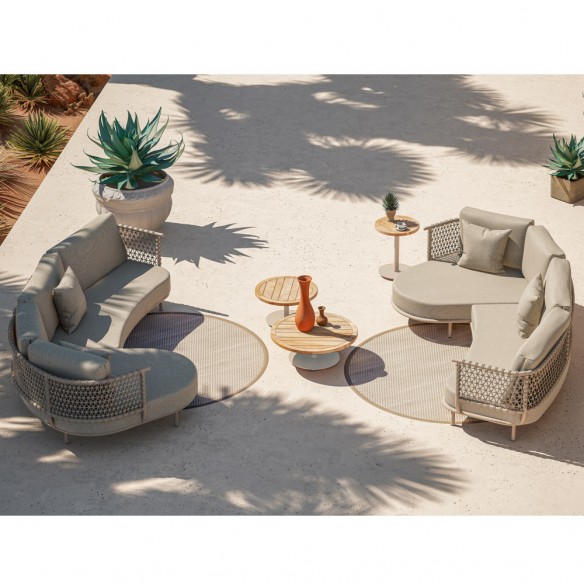 Salon de jardin SERENA 5 places cadre aluminium avec table basse et d’appoint rondes en teck