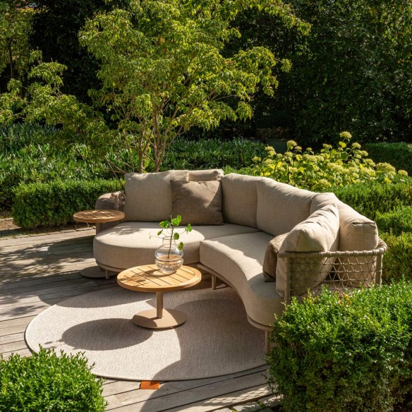 Salon de jardin SERENA 5 places cadre aluminium avec table basse et d’appoint rondes en teck
