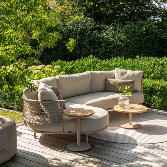 Salon de jardin SERENA 5 places cadre aluminium avec table basse et d’appoint rondes en teck