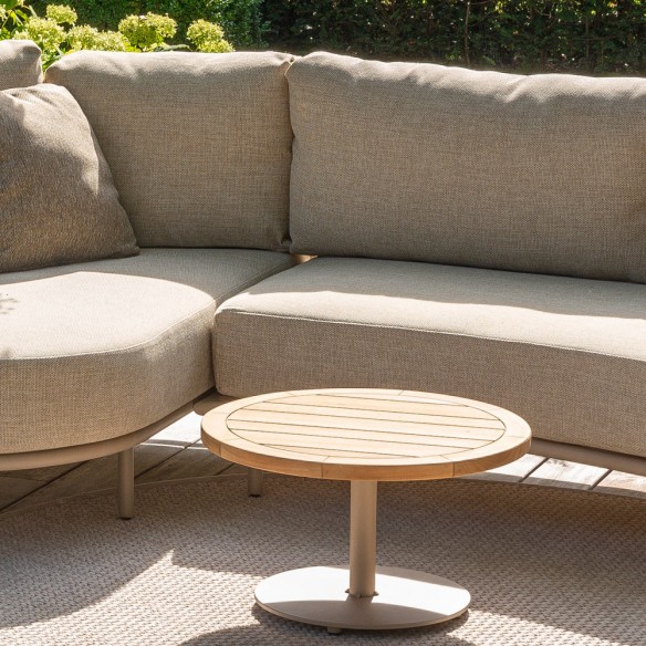 Salon de jardin SERENA 5 places cadre aluminium avec table basse et d’appoint rondes en teck