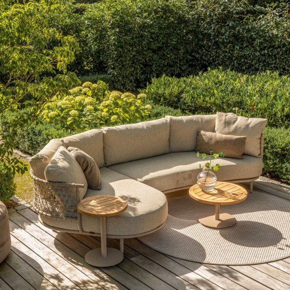 Salon de jardin SERENA 5 places cadre aluminium avec table basse et d’appoint rondes en teck