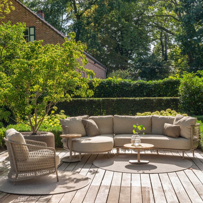 Salon de jardin SERENA 5 places cadre aluminium avec table basse et d’appoint rondes en teck