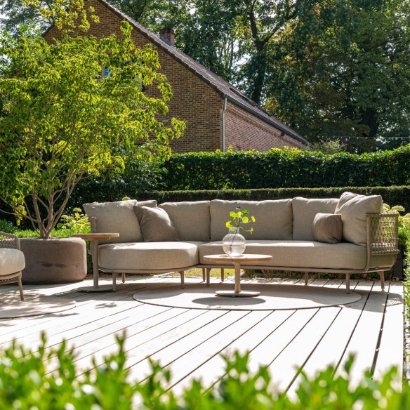 Salon de jardin SERENA 5 places cadre aluminium avec table basse et d’appoint rondes en teck