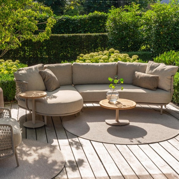Salon de jardin SERENA 5 places cadre aluminium avec table basse et d’appoint rondes en teck