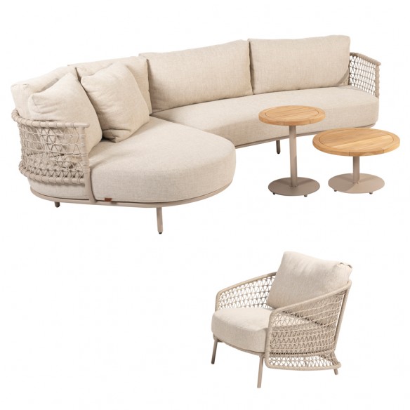 Salon de jardin SERENA 5 places cadre aluminium avec table basse et d’appoint rondes en teck