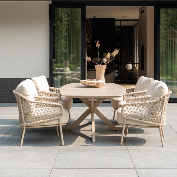Ensemble Table de jardin NEROLI en aluminium beige sable L250 H69cm avec 6 chaises basses SERENA coussin beige crème