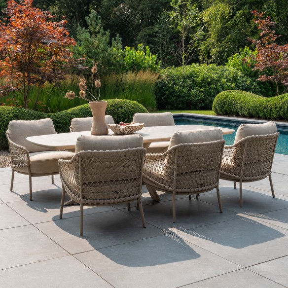 Outdoor Dining Set NEROLI Table in Sand Beige Aluminum W250 H69cm with 6 SERENA Low Chairs with Cream Beige Cushions