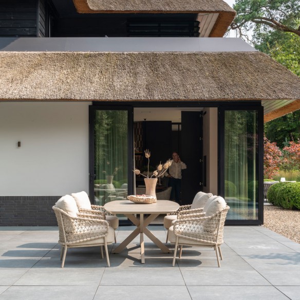 Outdoor Dining Set NEROLI Table in Sand Beige Aluminum W250 H69cm with 6 SERENA Low Chairs with Cream Beige Cushions