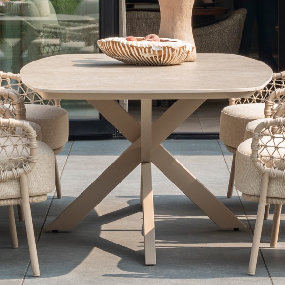 Outdoor Dining Set NEROLI Table in Sand Beige Aluminum W250 H69cm with 6 SERENA Low Chairs with Cream Beige Cushions