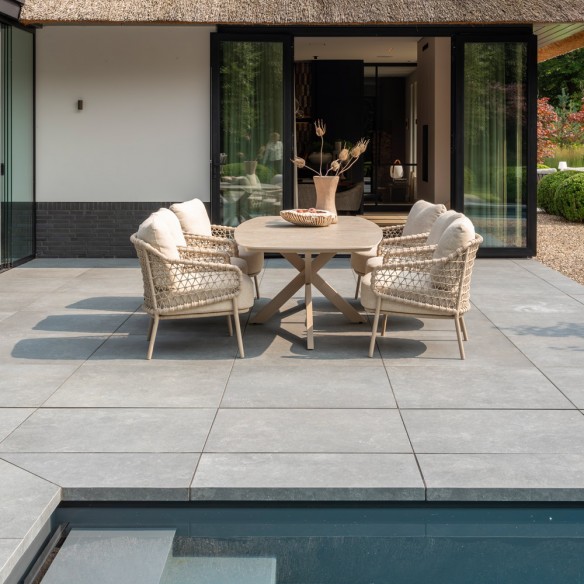 Ensemble Table de jardin NEROLI en aluminium beige sable L250 H69cm avec 6 chaises basses SERENA coussin beige crème