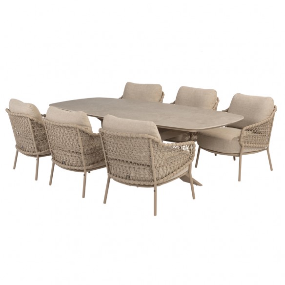 Ensemble Table de jardin NEROLI en aluminium beige sable L250 H69cm avec 6 chaises basses SERENA coussin beige crème