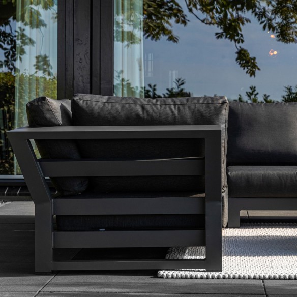 Salon de jardin NEVADA GRAPHITE 6 places gris aluminium avec table basse en teck