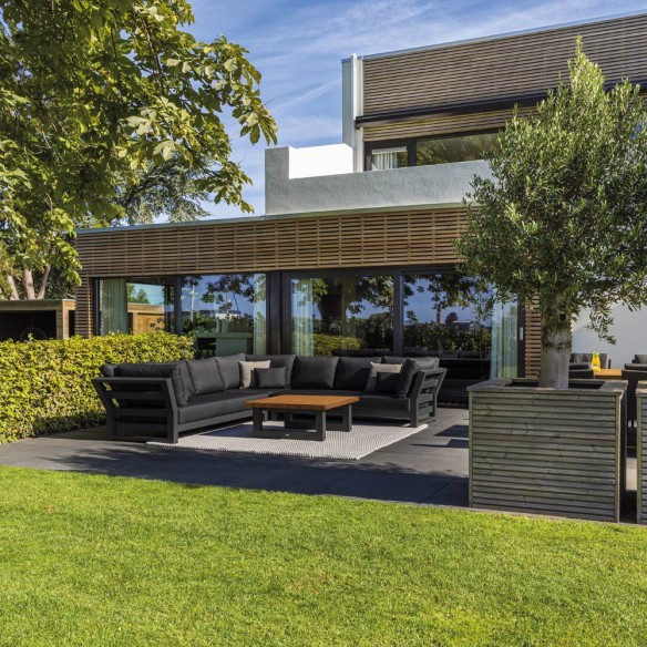 Salon de jardin NEVADA GRAPHITE 6 places gris aluminium avec table basse en teck