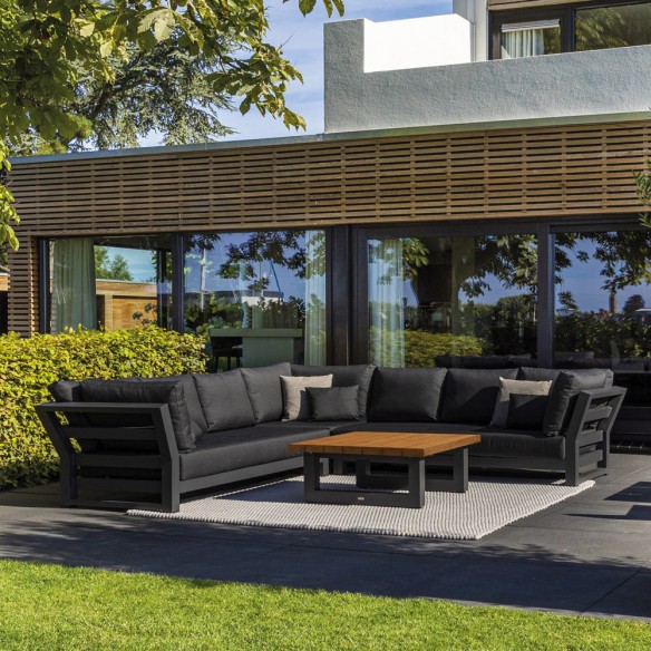 Salon de jardin NEVADA GRAPHITE 6 places gris aluminium avec table basse en teck