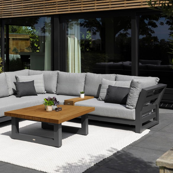 Salon de jardin NEVADA MISTGREY 6 places gris aluminium avec table basse céramique en teck