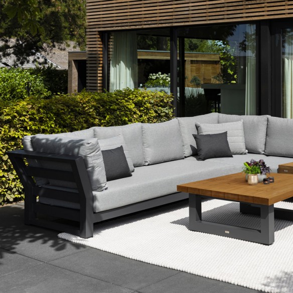 Salon de jardin NEVADA MISTGREY 6 places gris aluminium avec table basse céramique en teck