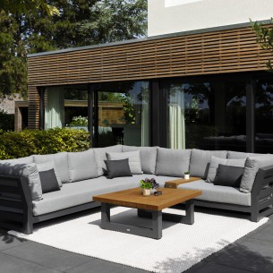 Salon de jardin NEVADA MISTGREY 6 places gris aluminium avec table basse céramique en teck