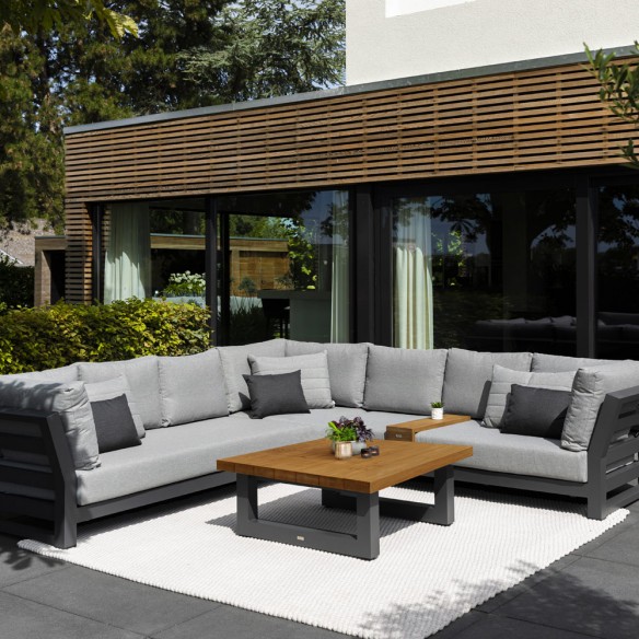 Salon de jardin NEVADA MISTGREY 6 places gris aluminium avec table basse céramique en teck