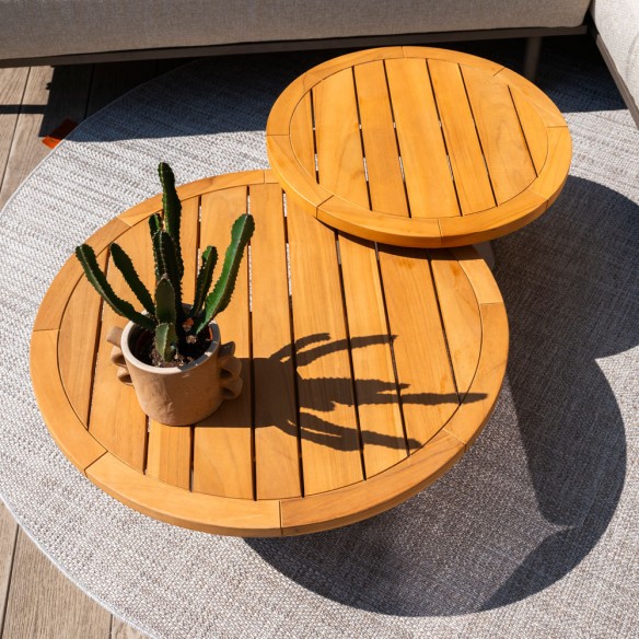 Salon de jardin EZOA 8 places cadre taupe aluminium avec tables basses et d’appoint rondes en teck
