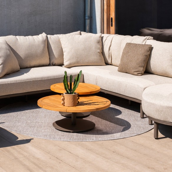 Salon de jardin EZOA 8 places cadre taupe aluminium avec tables basses et d’appoint rondes en teck