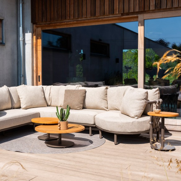 Salon de jardin EZOA 8 places cadre taupe aluminium avec tables basses et d’appoint rondes en teck